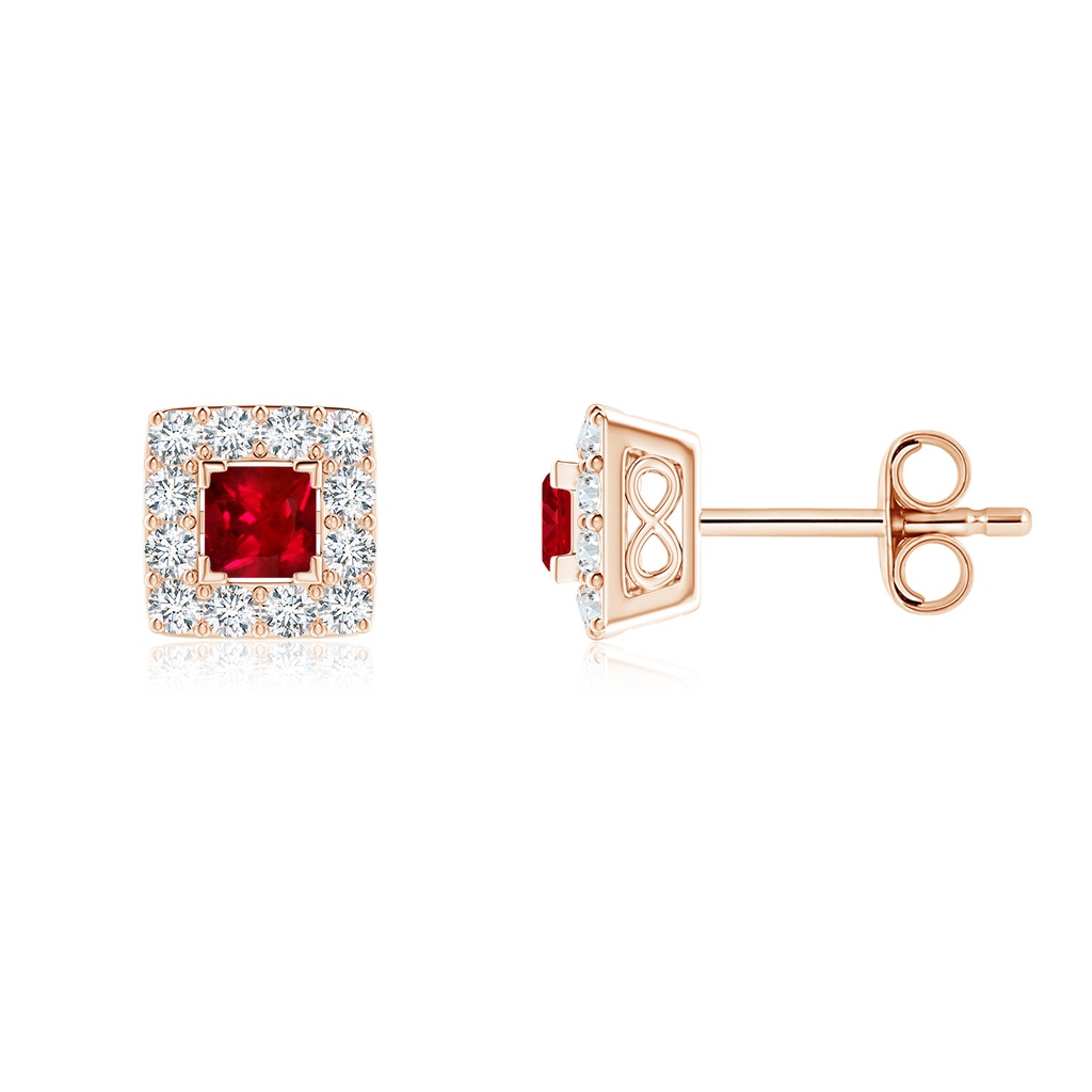 5mm AAAA V-Prong Set Princess-Cut Ruby Halo Stud Earrings in Rose Gold