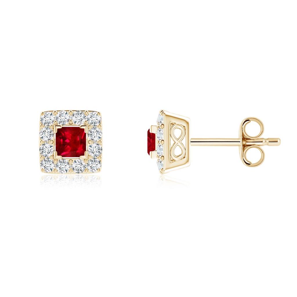 5mm AAAA V-Prong Set Princess-Cut Ruby Halo Stud Earrings in Yellow Gold