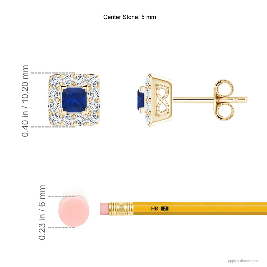 5mm AAA V-Prong Set Princess-Cut Blue Sapphire Halo Stud Earrings in Yellow Gold ruler