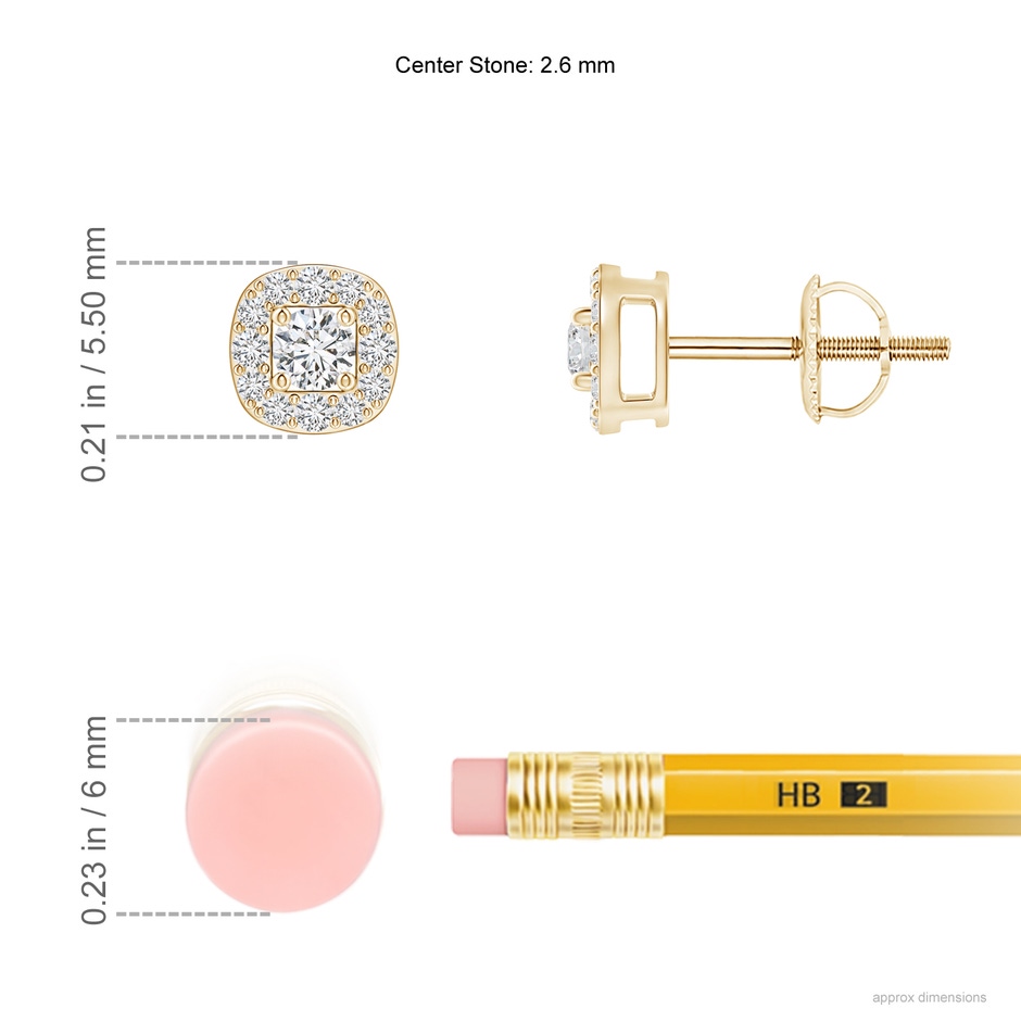 2.6mm HSI2 Round Diamond Cushion Halo Stud Earrings in Yellow Gold ruler