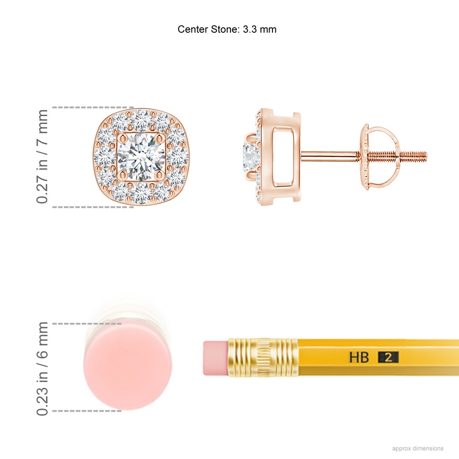 3.3mm GVS2 Round Diamond Cushion Halo Stud Earrings in Rose Gold ruler