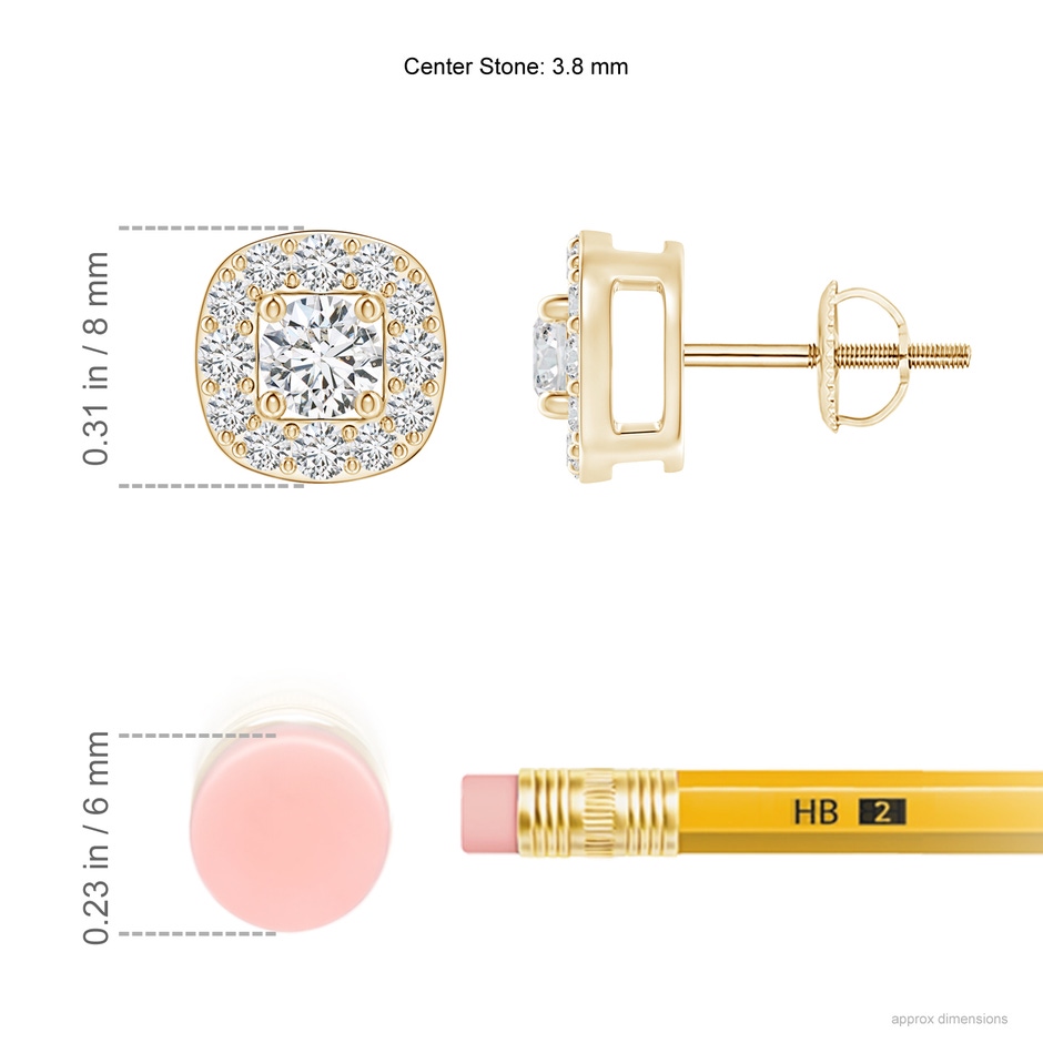 3.8mm HSI2 Round Diamond Cushion Halo Stud Earrings in Yellow Gold ruler