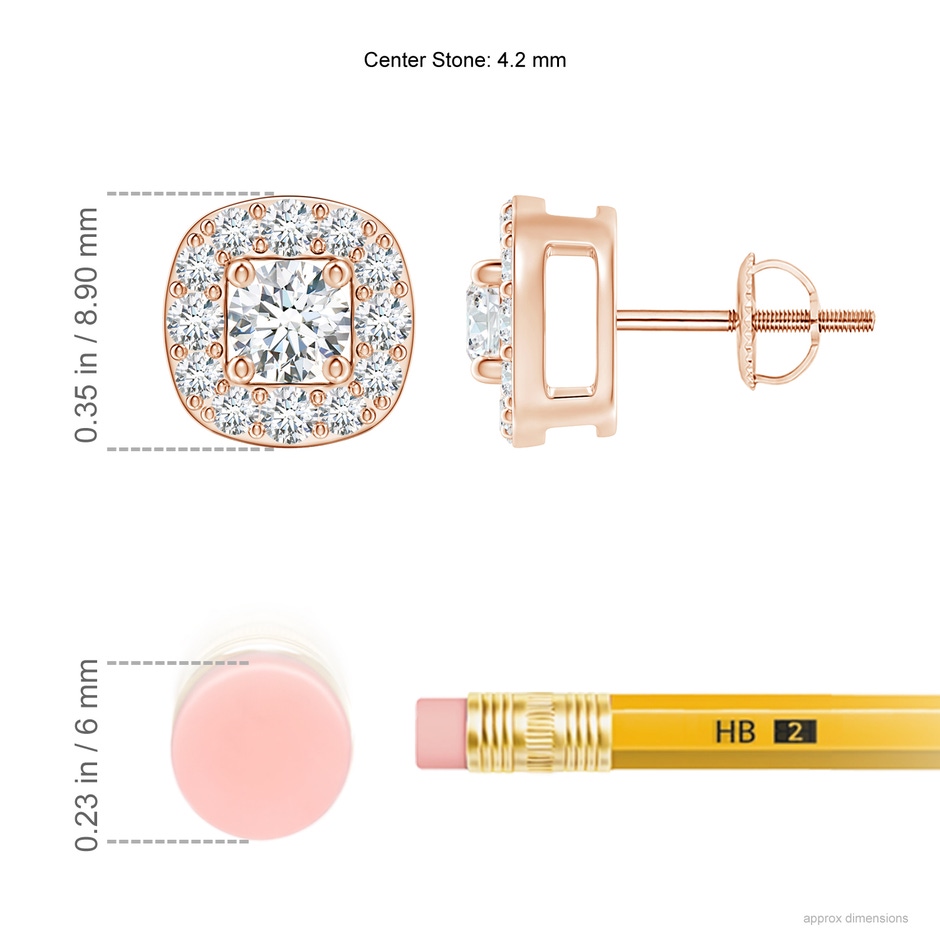 4.2mm GVS2 Round Diamond Cushion Halo Stud Earrings in Rose Gold ruler