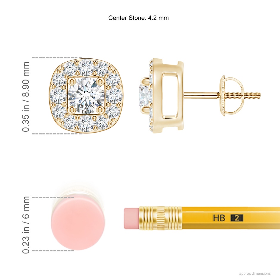 4.2mm GVS2 Round Diamond Cushion Halo Stud Earrings in Yellow Gold ruler
