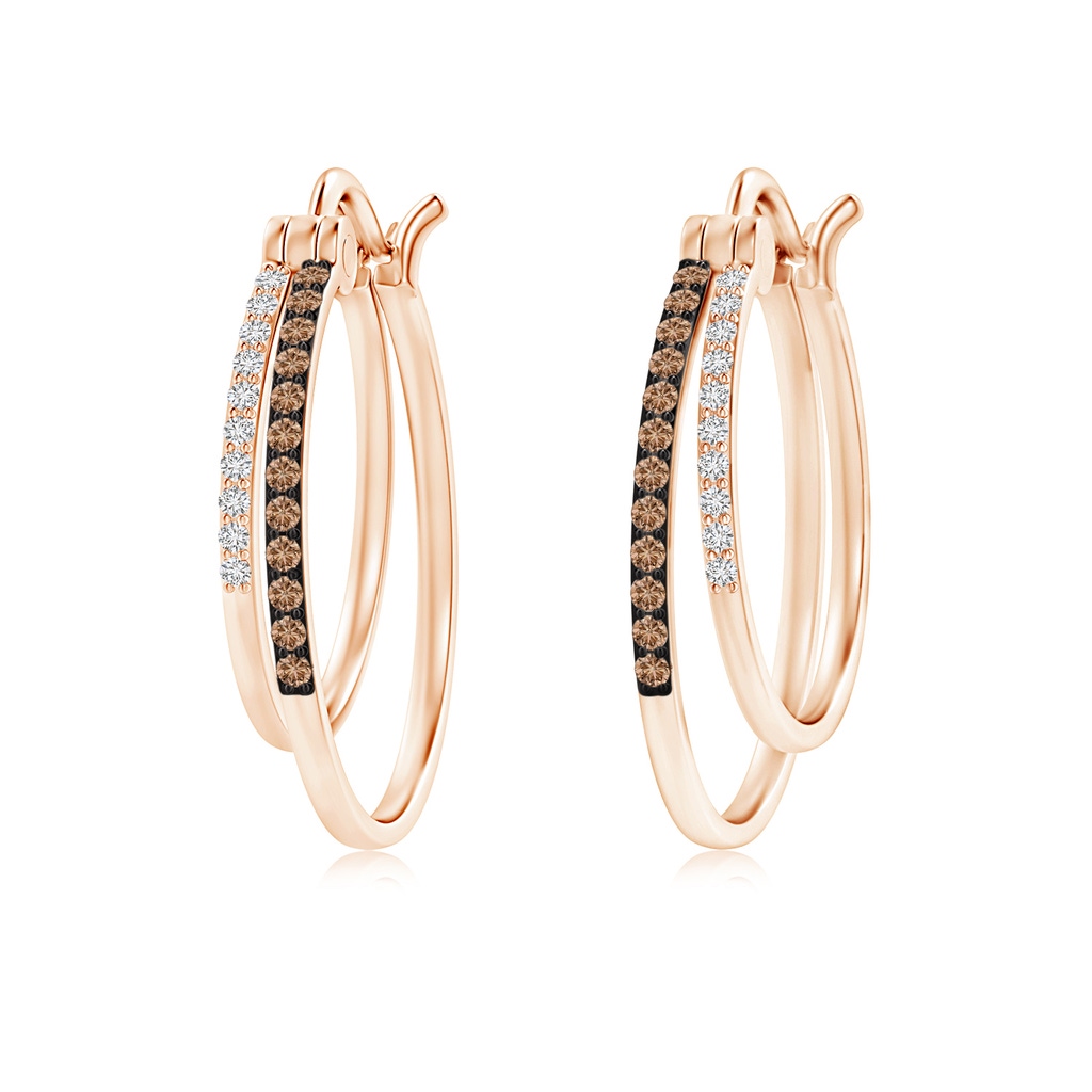 1mm AAA Coffee and White Diamond Studded Double Hoop Earrings in Rose Gold