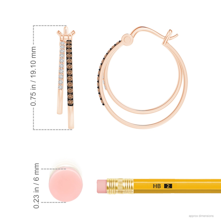 1mm AAA Coffee and White Diamond Studded Double Hoop Earrings in Rose Gold ruler