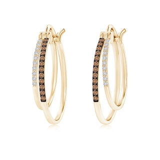 1mm AAA Coffee and White Diamond Studded Double Hoop Earrings in Yellow Gold