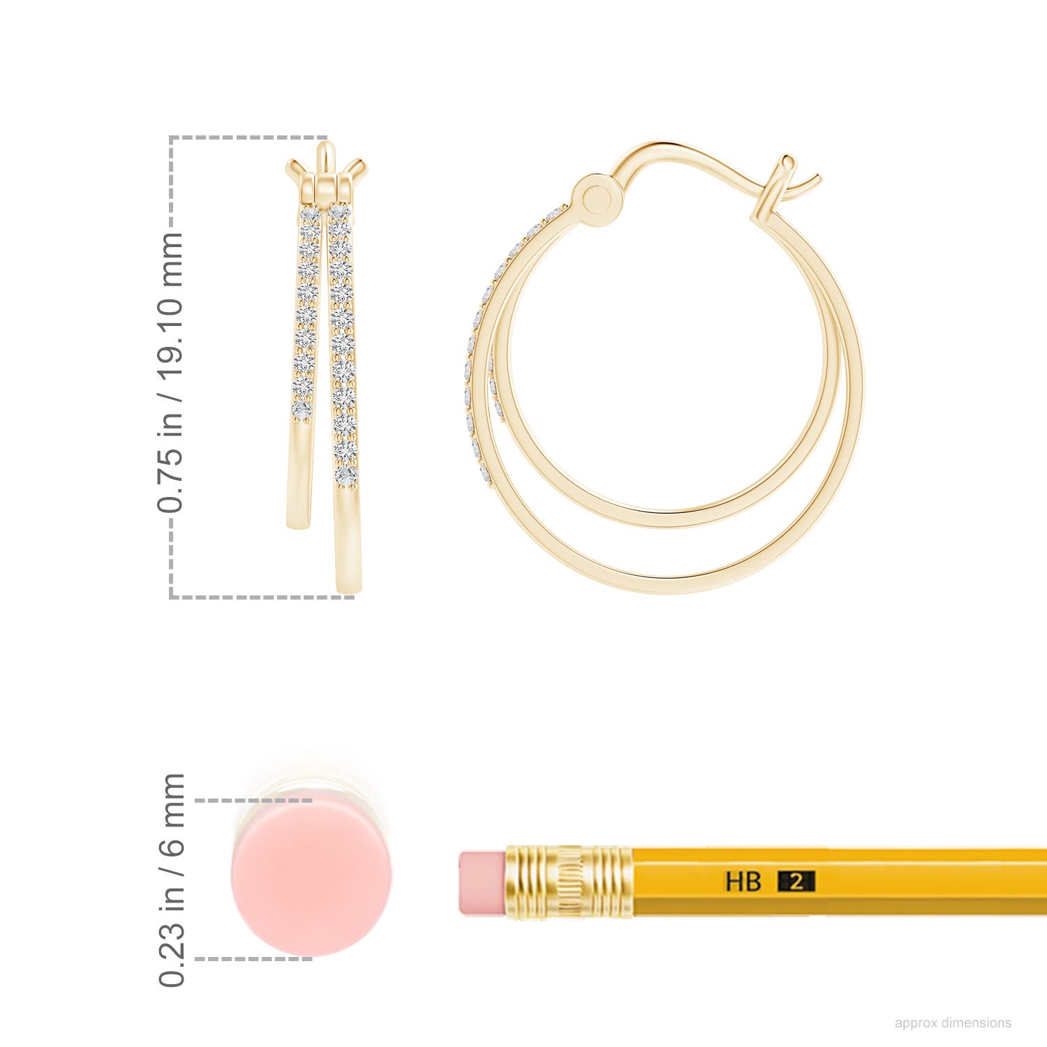 1mm HSI2 Classic Diamond Studded Double Hoop Earrings in Yellow Gold - ruler