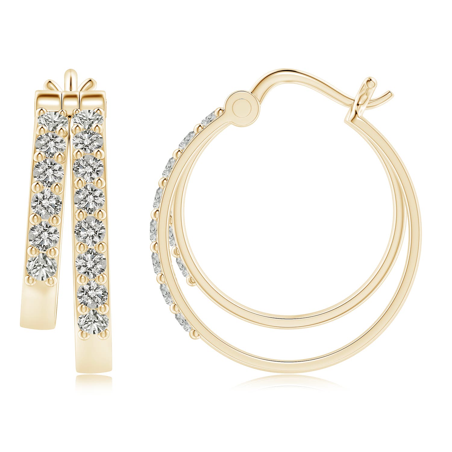 2mm KI3 Classic Diamond Studded Double Hoop Earrings in Yellow Gold