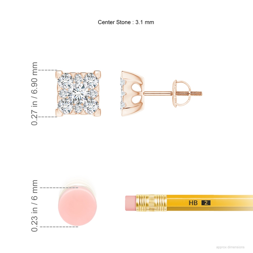 3.1mm GVS2 Pressure-Set Diamond Square Clustre Stud Earrings in Rose Gold Ruler