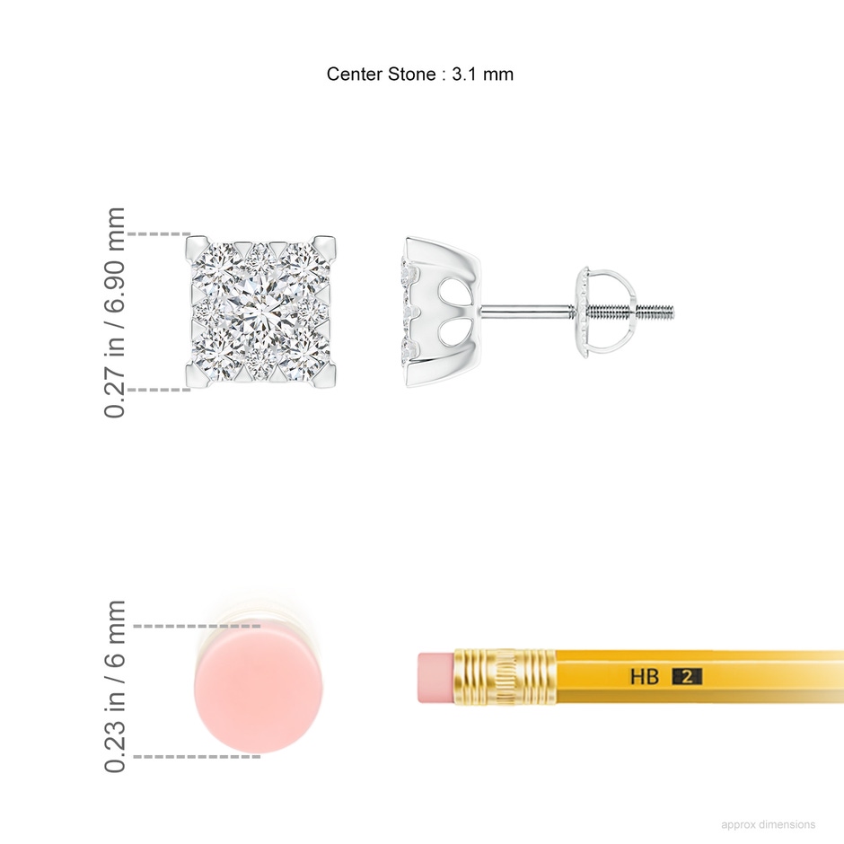 3.1mm HSI2 Pressure-Set Diamond Square Clustre Stud Earrings in White Gold ruler