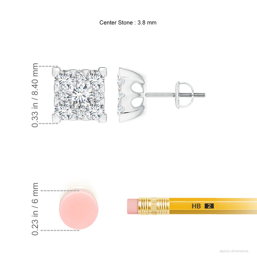 3.8mm GVS2 Pressure-Set Diamond Square Cluster Stud Earrings in White Gold Ruler