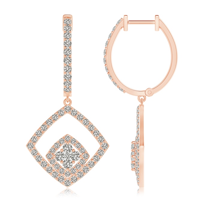 1.7mm KI3 Pressure-Set Diamond Cluster Cushion Halo Dangle Earrings in Rose Gold 