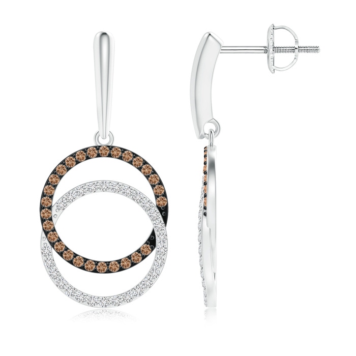 0.9mm AAA Interlocking Coffee and White Diamond Circle Dangle Earrings in White Gold