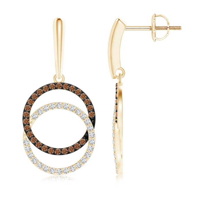 0.9mm AAAA Interlocking Coffee and White Diamond Circle Dangle Earrings in Yellow Gold