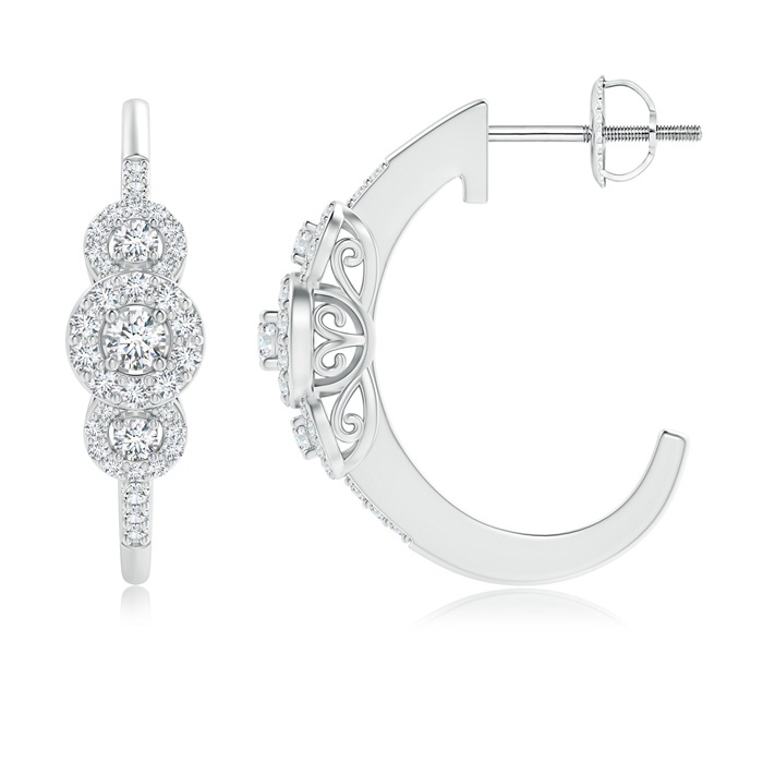 2.5mm GVS2 Triple Round Diamond Halo J-Hoop Earrings in White Gold