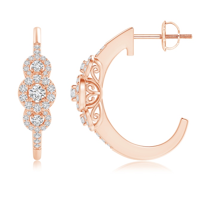 2.5mm HSI2 Triple Round Diamond Halo J-Hoop Earrings in Rose Gold 