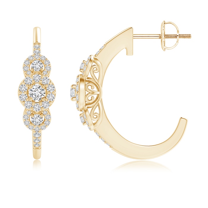 2.5mm HSI2 Triple Round Diamond Halo J-Hoop Earrings in Yellow Gold 