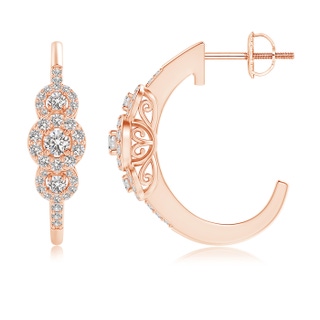 2.5mm IJI1I2 Triple Round Diamond Halo J-Hoop Earrings in 10K Rose Gold