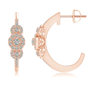 2.5mm KI3 Triple Round Diamond Halo J-Hoop Earrings in 10K Rose Gold