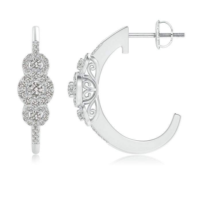 2.5mm KI3 Triple Round Diamond Halo J-Hoop Earrings in White Gold 