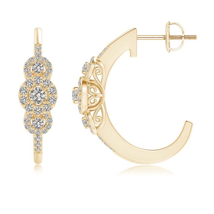 2.5mm KI3 Triple Round Diamond Halo J-Hoop Earrings in Yellow Gold 