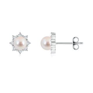 4-4.5mm AAA Akoya Cultured Pearl and Diamond Floral Halo Studs in White Gold