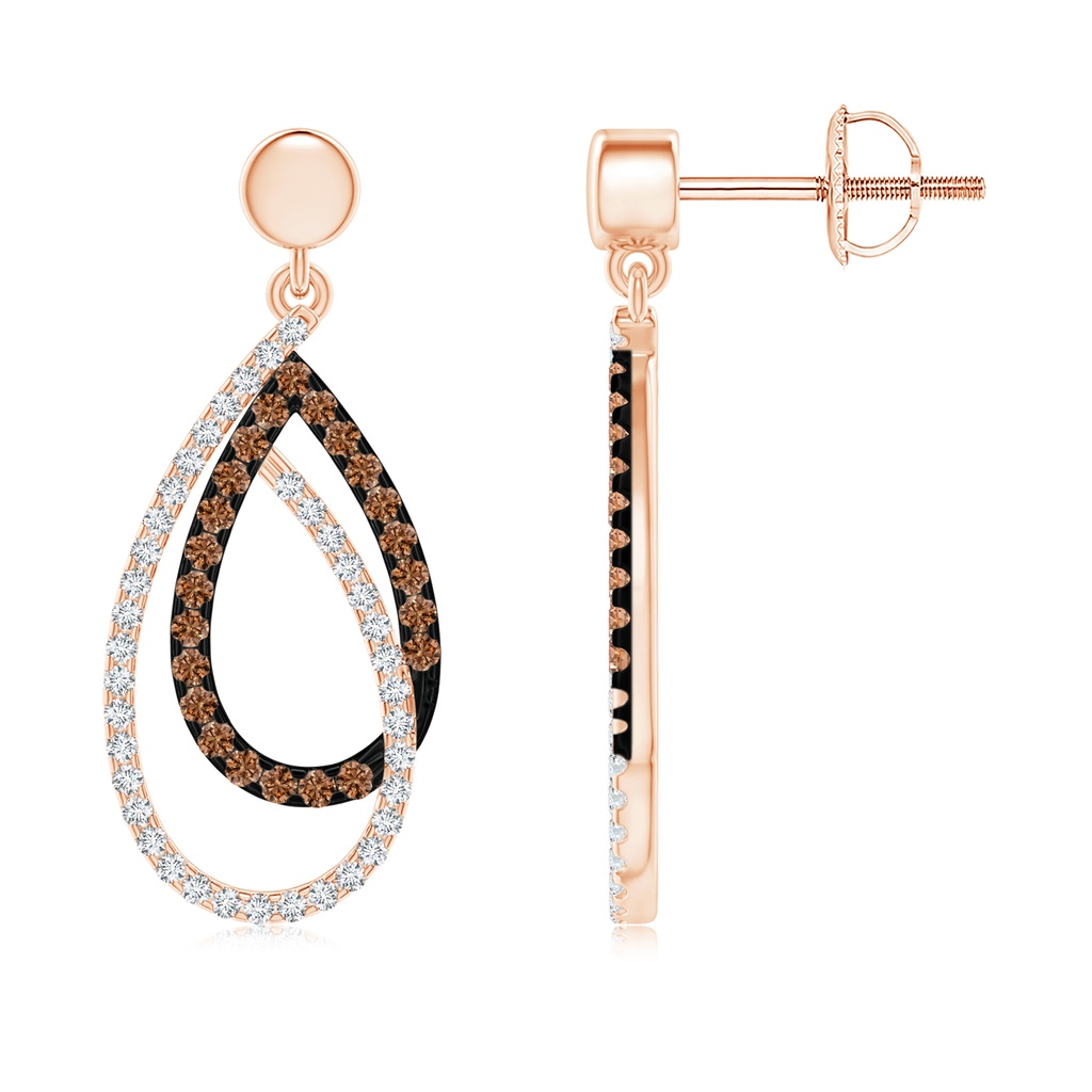 1.1mm AAAA Interlinked Brown and White Diamond Loop Drop Earrings in Rose Gold