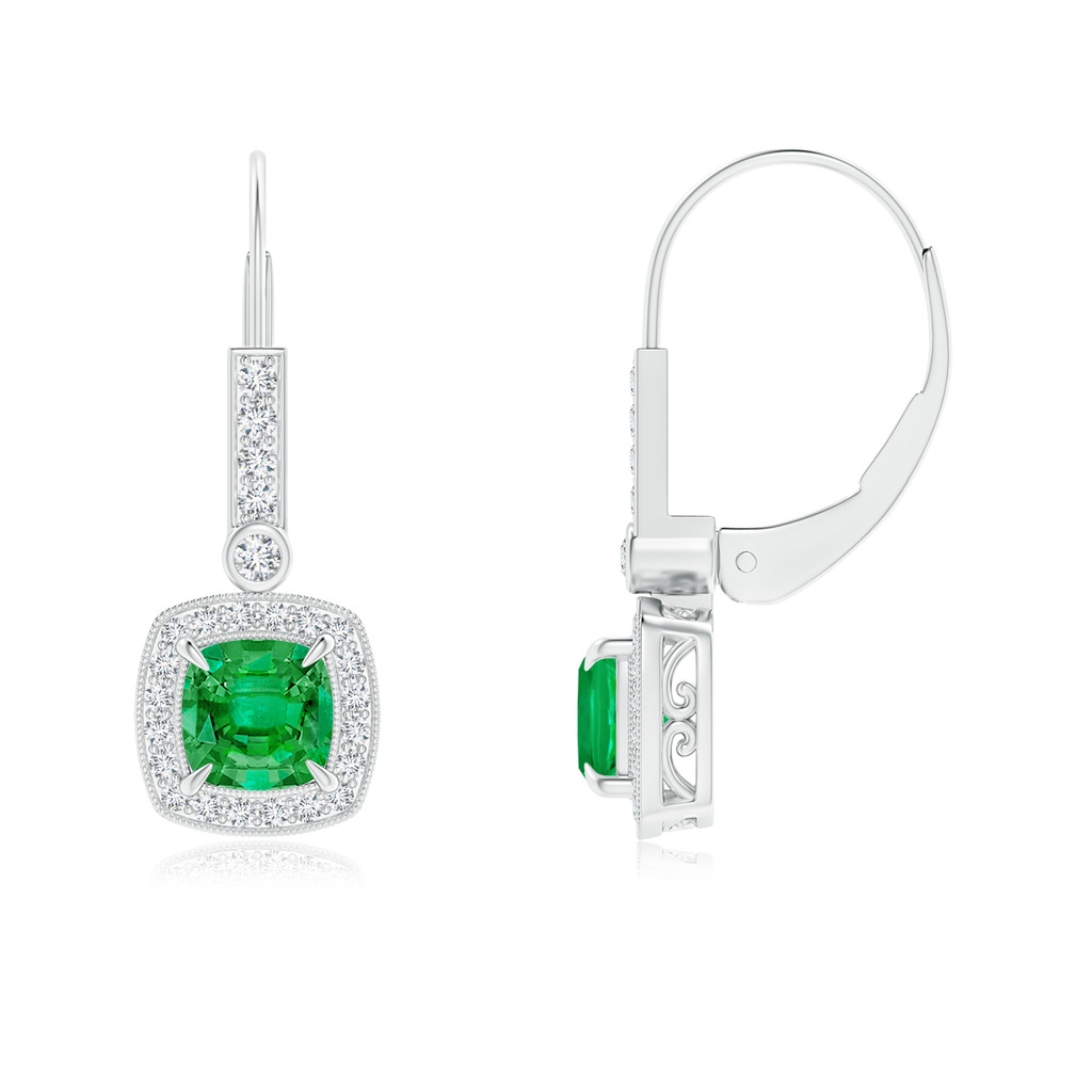 5mm AAA Vintage-Inspired Cushion Emerald Leverback Earrings in White Gold