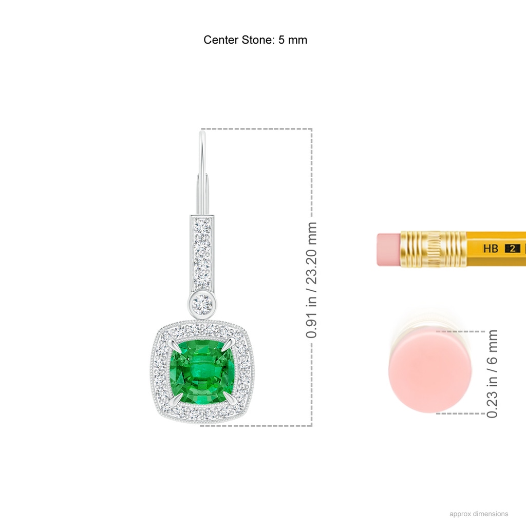 5mm AAA Vintage-Inspired Cushion Emerald Leverback Earrings in White Gold ruler