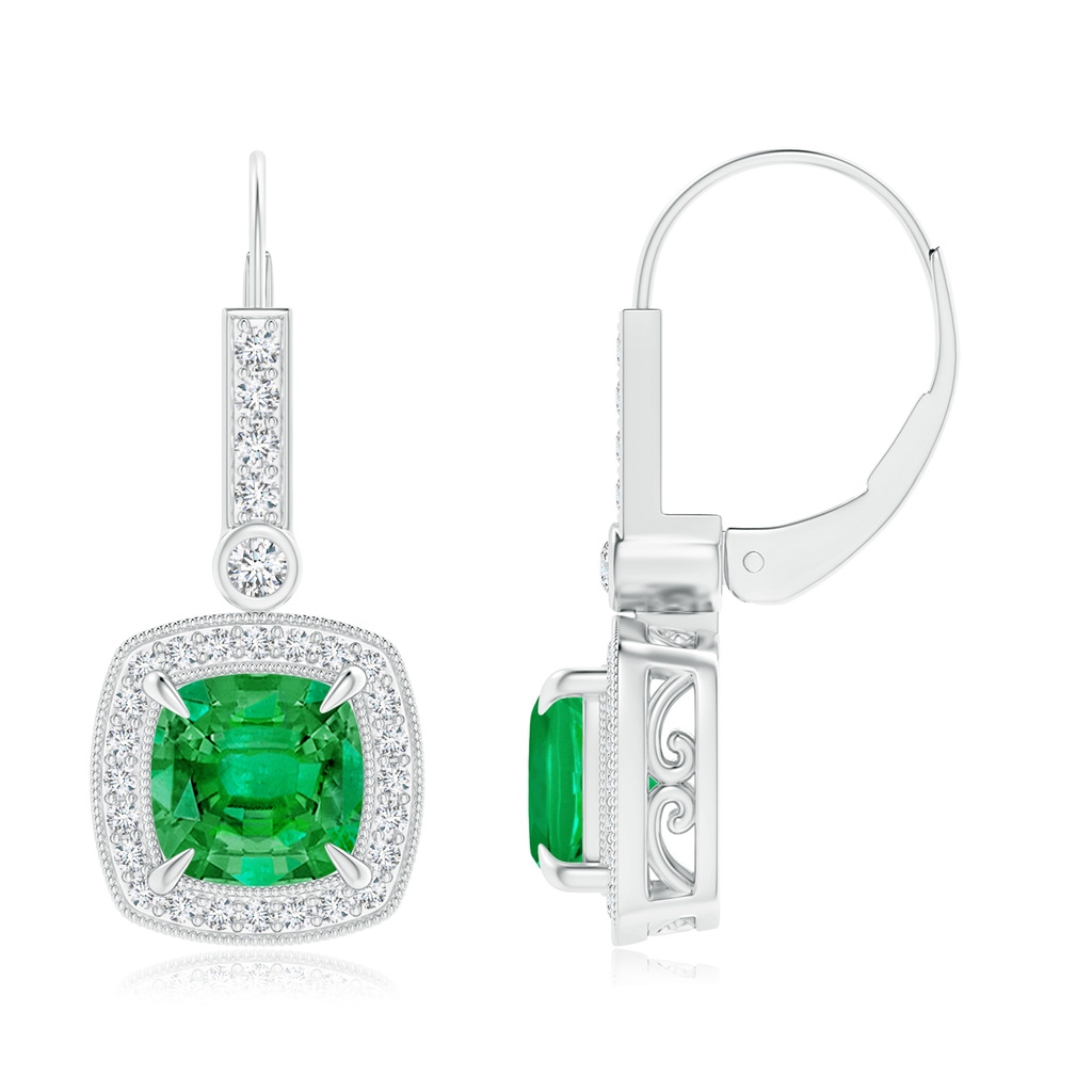 7mm AAA Vintage-Inspired Cushion Emerald Leverback Earrings in White Gold