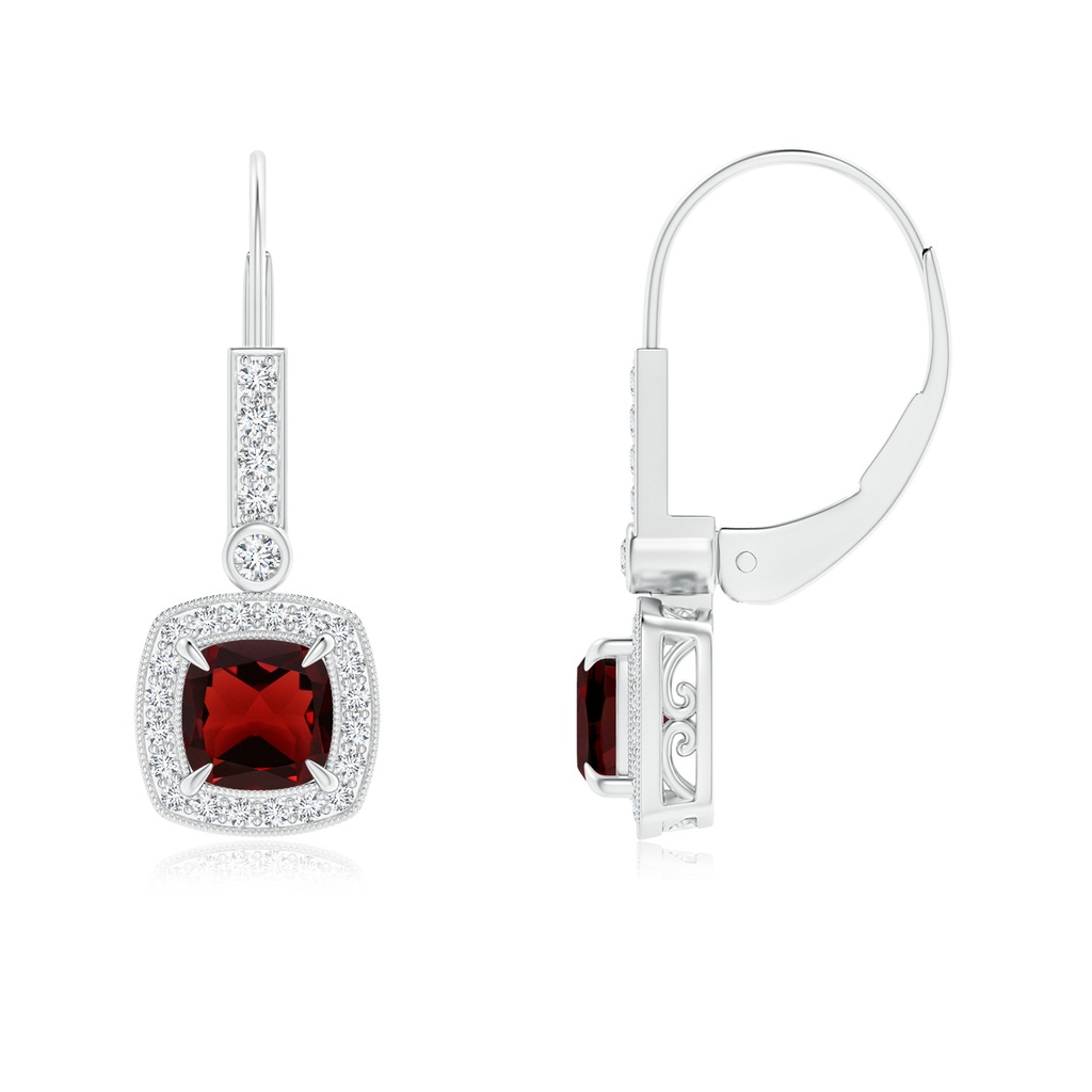 5mm AAA Vintage-Inspired Cushion Garnet Leverback Earrings in White Gold