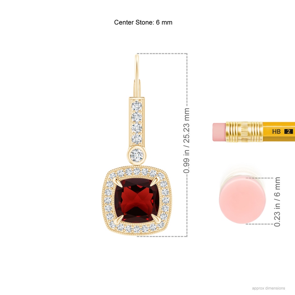 6mm AAA Vintage-Inspired Cushion Garnet Leverback Earrings in Yellow Gold ruler