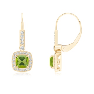 5mm AAA Vintage-Inspired Cushion Peridot Leverback Earrings in Yellow Gold
