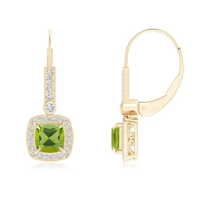 5mm AAA Vintage-Inspired Cushion Peridot Leverback Earrings in Yellow Gold 