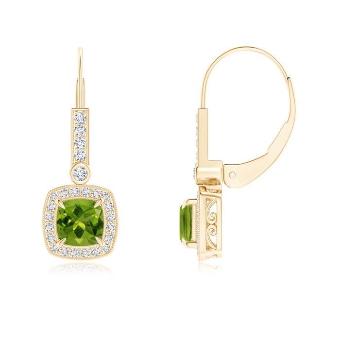 5mm AAAA Vintage-Inspired Cushion Peridot Leverback Earrings in Yellow Gold