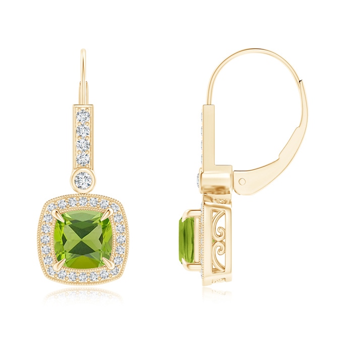 6mm AAA Vintage-Inspired Cushion Peridot Leverback Earrings in Yellow Gold