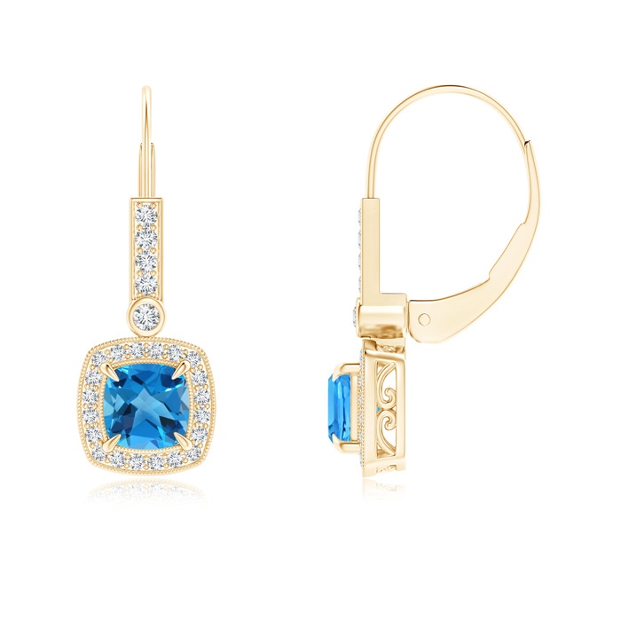 5mm AAAA Vintage-Inspired Cushion Swiss Blue Topaz Leverback Earrings in Yellow Gold