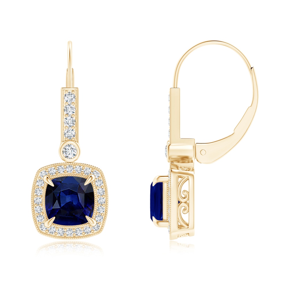 6mm AAA Vintage-Inspired Cushion Blue Sapphire Leverback Earrings in Yellow Gold