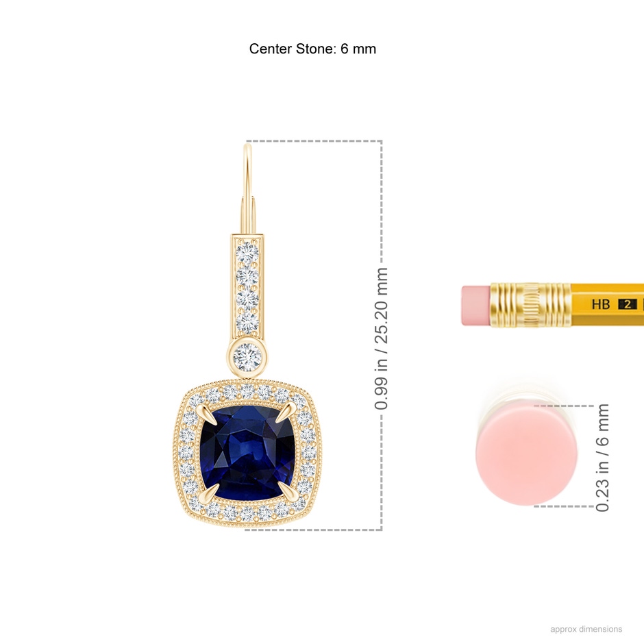 6mm AAA Vintage-Inspired Cushion Blue Sapphire Leverback Earrings in Yellow Gold ruler