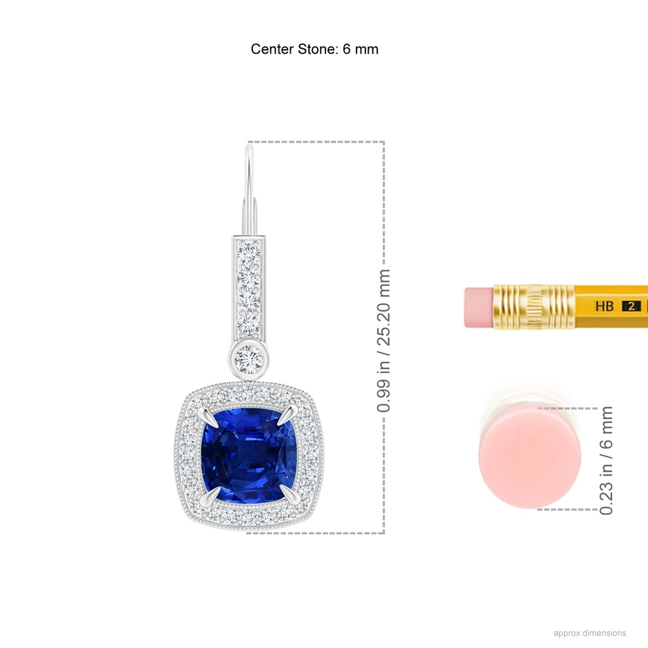 6mm Lab-Grown Vintage-Inspired Cushion Blue Sapphire Leverback Earrings in White Gold ruler