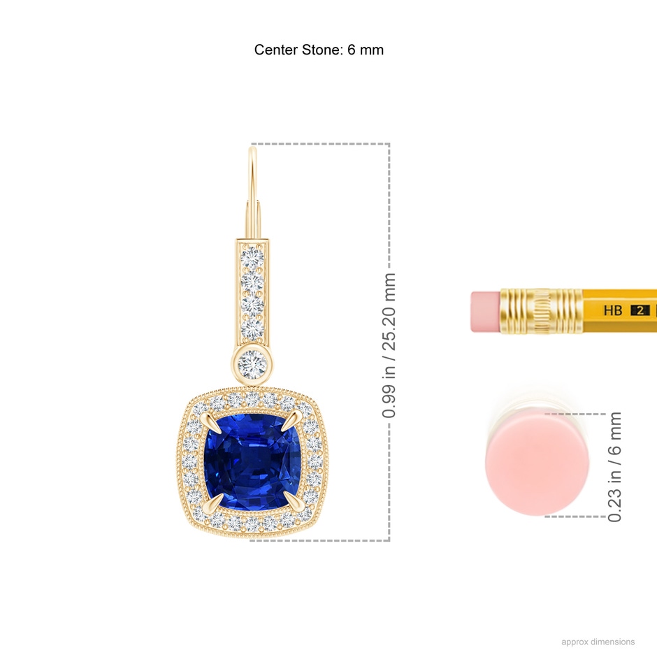 6mm AAAA Vintage-Inspired Cushion Blue Sapphire Leverback Earrings in Yellow Gold ruler