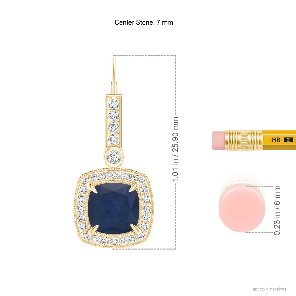 7mm A Vintage-Inspired Cushion Blue Sapphire Leverback Earrings in 18K Yellow Gold ruler