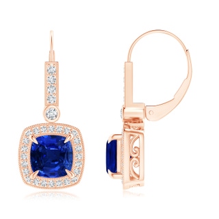 7mm AAAA Vintage-Inspired Cushion Blue Sapphire Leverback Earrings in Rose Gold
