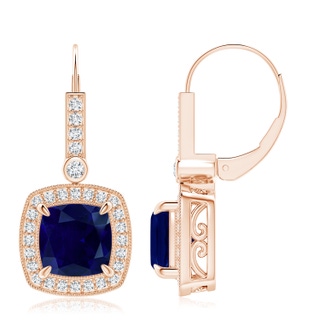 8mm AA Vintage-Inspired Cushion Blue Sapphire Leverback Earrings in 18K Rose Gold