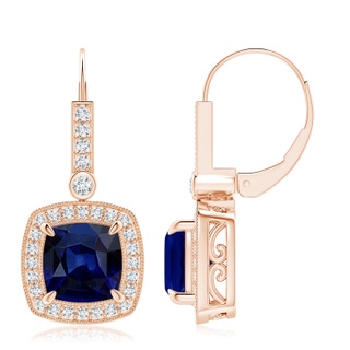 8mm AAA Vintage-Inspired Cushion Blue Sapphire Leverback Earrings in Rose Gold