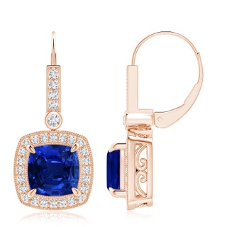 8mm AAAA Vintage-Inspired Cushion Blue Sapphire Leverback Earrings in Rose Gold