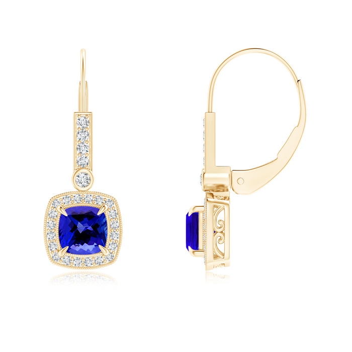 5mm AAAA Vintage-Inspired Cushion Tanzanite Leverback Earrings in Yellow Gold
