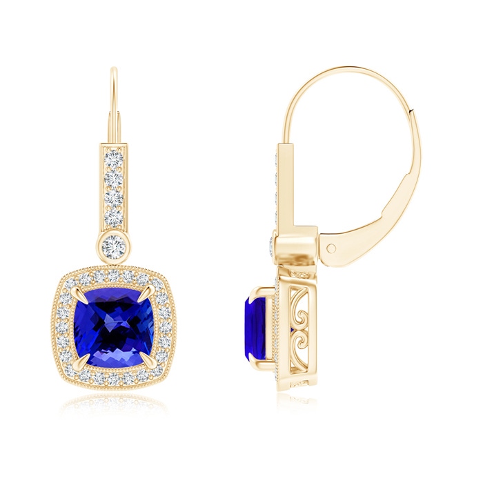 6mm AAAA Vintage-Inspired Cushion Tanzanite Leverback Earrings in Yellow Gold