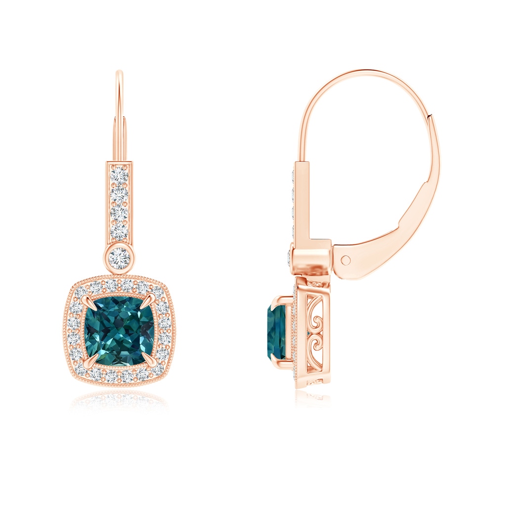 5mm AAA Vintage-Inspired Cushion Teal Montana Sapphire Leverback Earrings in Rose Gold